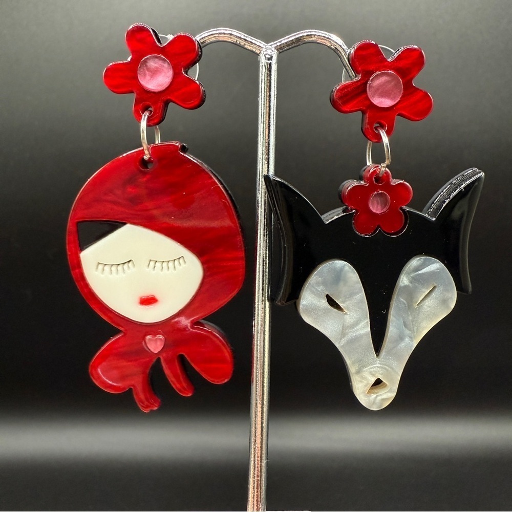 Fairytale Little Red Riding Hood and Fox Acrylic Red and Black Earrings - Dangly